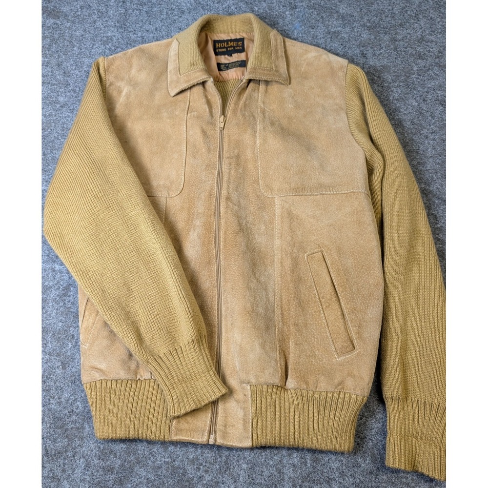 Vintage 1970's HOLMES Pigsuede Leather/Knit Sweater Bomber Jacket Mens Large Tan